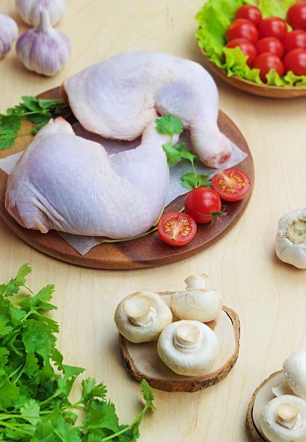 chicken, mushrooms, vegetables, food, ingredients, chicken leg, meat, tomatoes, garlic, cilantro, raw, wooden board, dish, gourmet, kitchen, chicken, chicken leg, chicken leg, chicken leg, chicken leg, chicken leg